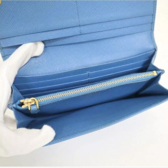 Prada Saffiano Leather Blue Ribbon Gold Long Wallet Guaranteed 100% Authentic - Picture 5 of 8